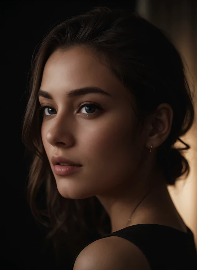 (close-up, editorial photograph of a 21-year-old woman), (highly detailed face:1.4) (smile:0.7) (background inside dark, moody, private study:1.3) POV, by Lee Jeffries, Nikon d850, film stock photograph ,4 Kodak Portra 400 , camera f1.6 lens , rich colors ...