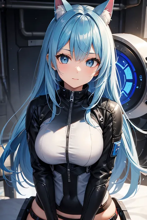 cute technician woman with long blue hair and narrow white eyes and a distinctive scar on her face in a gunmetal biker suit and an armored jacket