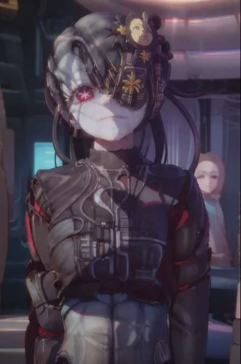 Hoshino Ai, long hair, purple hair, streaked hair ,purple eyes, star-shaped pupils, hair ornament borg
cyborg
bald
gray skin
veins
metal armor
cable
eyepatch deadpan expression