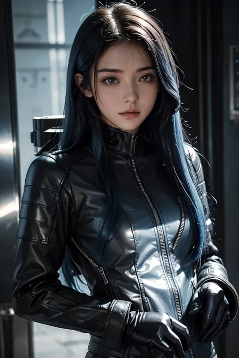 cute technician woman with long blue hair and narrow white eyes and a distinctive scar on her face in a gunmetal biker suit and an armored jacket