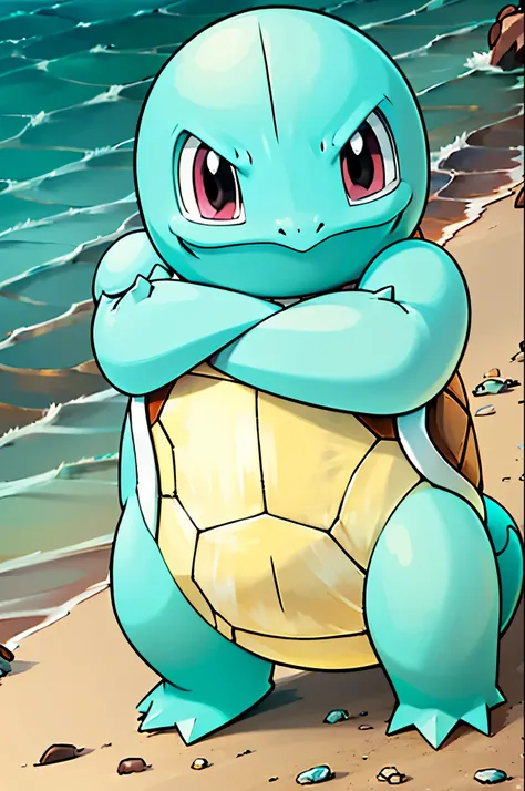 (masterpiece),(extremely detailed CG unity 8k wallpaper), Squirtle from the Pokemon series with a white wrap around his head, a shark tooth necklace, crossed arms and an angry expression