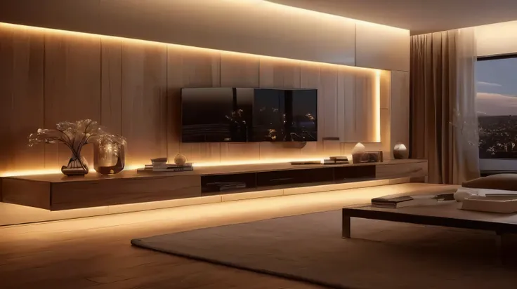 arafed living room with a large tv and a large window, warm ambient lighting, dramatic ambient lighting, cinematic accent lighting, cinematic mood lighting, bright ambient lighting, warm ambient light, subtle and compelling lighting, ioyful vibe and lighti...