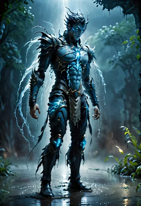 photo actual illustration of raziel holding the soul reaver , put on a neck brace, (stand in a puddle:1.4) night , (rain:1.2), (...