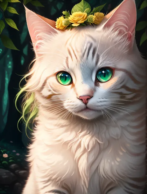 8k, high resolution, best quality, high detail, masterpiece, , (Detailed face), (Detailed hair), soft light, go through ，white cat，green eyed cat，long hair cat，Flower sea decoration，forest background，Background decoration green main color，Cat wearing golde...