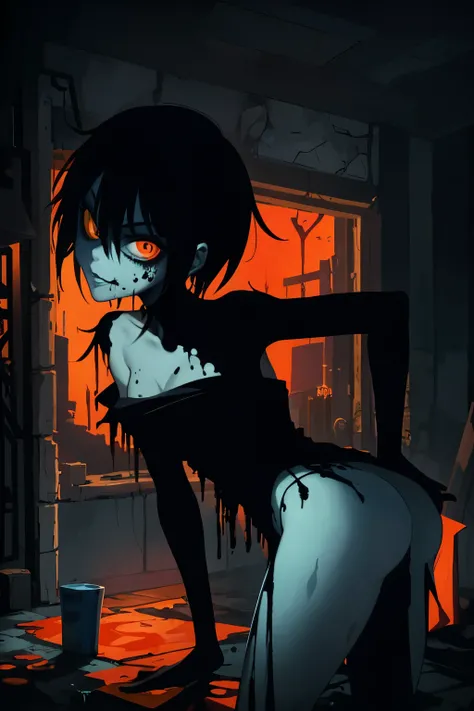 A painting of a seductive zombie holding an orange, 2D art cover, brilliant rendering, Gorillaz art style, necrosis, vomit, splash screen, orange and cyan illumination, coming back to life, color edition, Indigo renderer, germ of art, Lich, mutated, beauti...