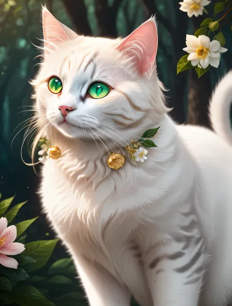 8k, high resolution, best quality, high detail, masterpiece, , (Detailed face), (Detailed hair), soft light, go through ，Pure white cat，green eyed cat，white long hair cat，Flower sea decoration，forest background，Background decoration green main color，Cat we...