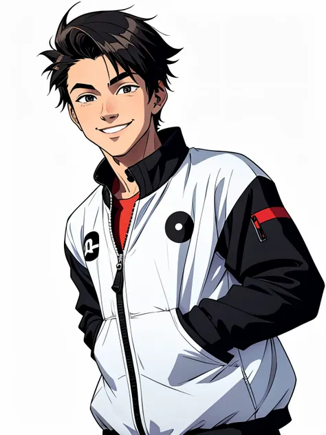 A 20 years old boy wearing a black white colour jecket with a little smiling face. The face towards the camera and straight forward. Anime style . Little smiling face not so 