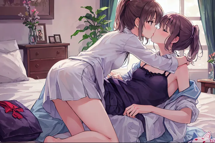 masterpiece, highest quality ,, 2 girls, lily, (kiss:1.8), (フレンチ・kiss), blushする, close your eyes, (tongue), (saliva), (groping), put your hand on your chest, tongue吸い, female doctor and nurse, white clothes, pantyhose, disheveled clothes, sheer panties, A ...