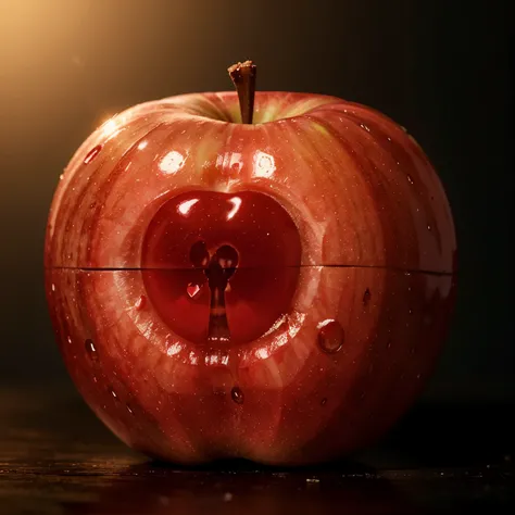 An illustration of a juicy red apple with a bite taken out of it. Instead of the yellowish fruit inside, there is a jelly-like rainbow oozing out the bite mark.