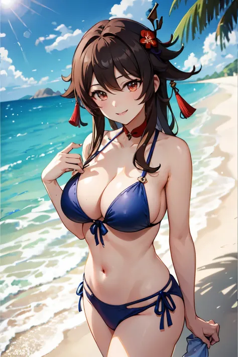 (1 Chica anime),(personaje de genshin impact),(Hu tao) brown hair, ojos rojos, pupilas en forma de flor, swimsuit,{en la playa mirando al espectador con una leve sonrisa}