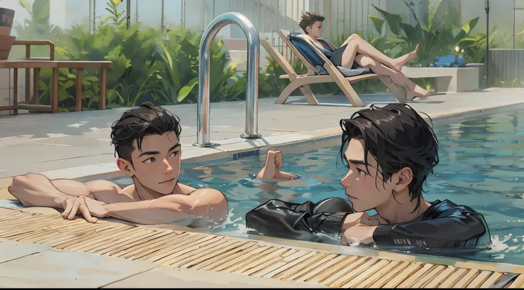 There are two 17-year-old men on the edge of a pool, they are talking.