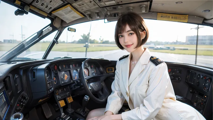 164
Shorthair,  (a 20 yo woman, standing), A hyper-realistic, gentle smile, sci-fi cool suit, (口紅),  in the cockpit of an old fashioned fighter aircraft