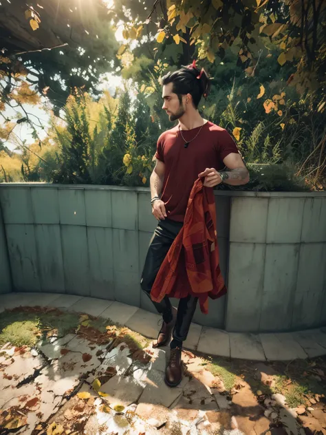 a handsome 22 years old male vampire hunter with ponytail black hair with short beard, pale skin, serious looking, wearing a red and black casual outfit and black pants, waist up shot, dynamic pose, ambient lighting, photo realism, intricate face detail, i...