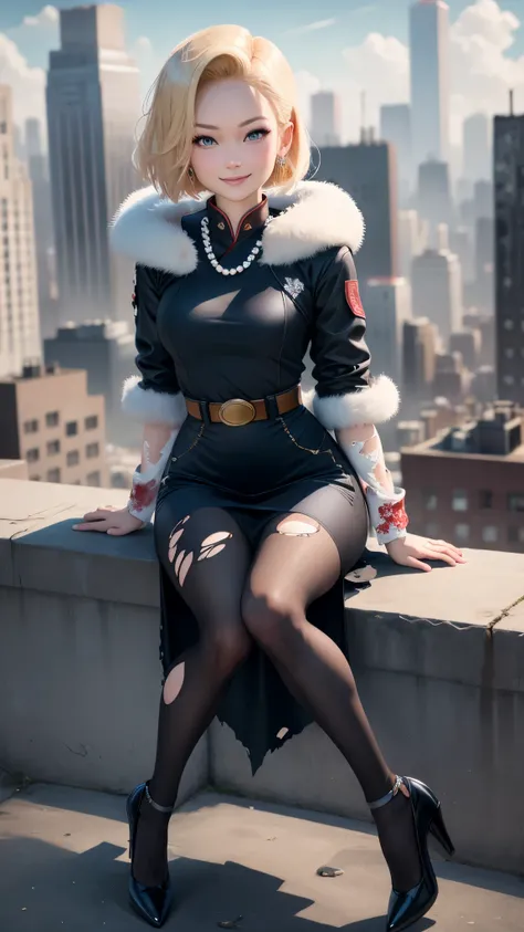 best quality, highres, and18, 1girl, android 18, solo girl, blonde hair, blue eyes, belt, black high heels, long red qipao wedding dress, fur jacket, pearl necklace, short hair, medium breasts, cowboy shot, city view, straight-on, (weather: windy), cute sm...