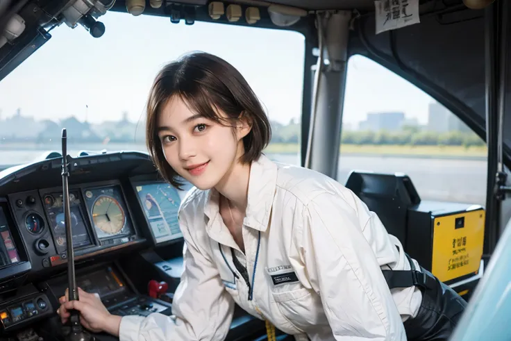 164
Shorthair,  (a 20 yo woman, standing), A hyper-realistic, gentle smile, sci-fi cool suit, (口紅),  in the cockpit of an old fashioned fighter aircraft