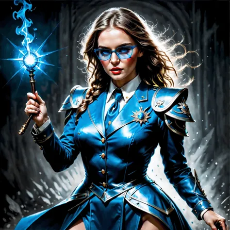 ((Full body):1.2),((Selective color):1.1), Drawing of a Female Bureaucrat in her Official Uniform, Glasses, magic wand with blue glow, smooth lines, fine art piece, Express expressions and postures through ink contrast, emphasize light, shadow and space. f...