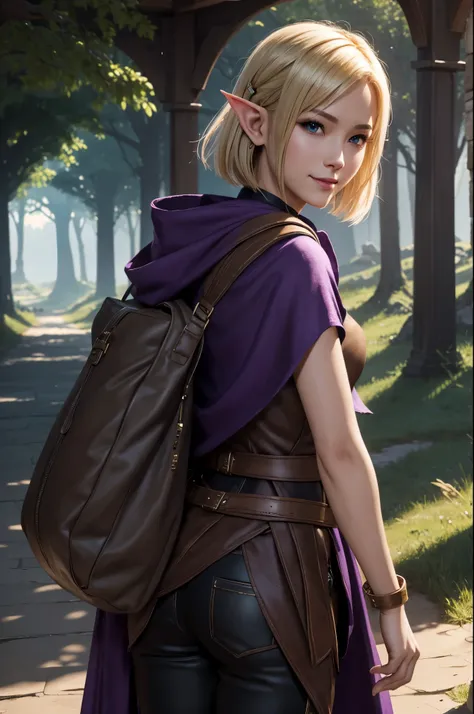 8k,Smiling blonde short bob hair,super beautiful(like the real thing),elf ears,An Arafe woman wearing a brown cloak is walking., super detailed Fantasy characterss, 3d rendering character art 8k, types of bacteria ; 3d unreal engine, fantasy costume, 4 k d...