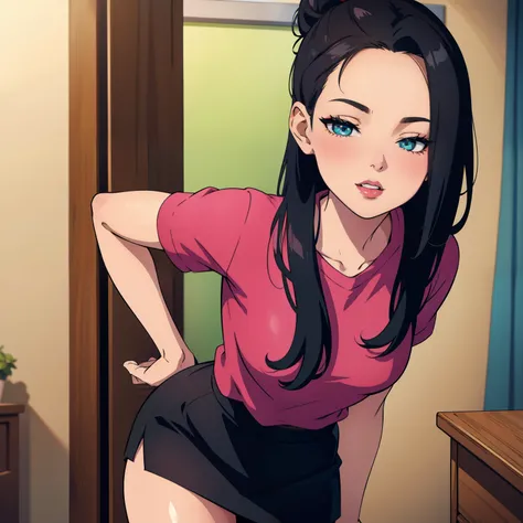 Sexy young woman, black hair neatly pulled into a bun, long forehead, small seductive eyes, medium nose, red lips smiling, deep pink blush, fair skin, wearing a bluish-green t shirt and black miniskirt, leaning on a desk towards the viewer