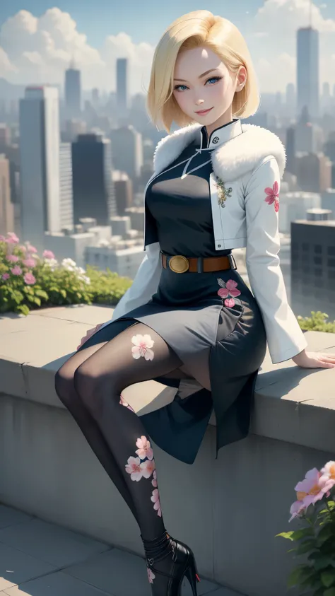 best quality, highres, and18, 1girl, android 18, solo girl, blonde hair, blue eyes, belt, black high heels, long white qipao dress with blossom embroidery, fur jacket, pearl necklace, short hair, medium breasts, cowboy shot, city view, straight-on, (weathe...