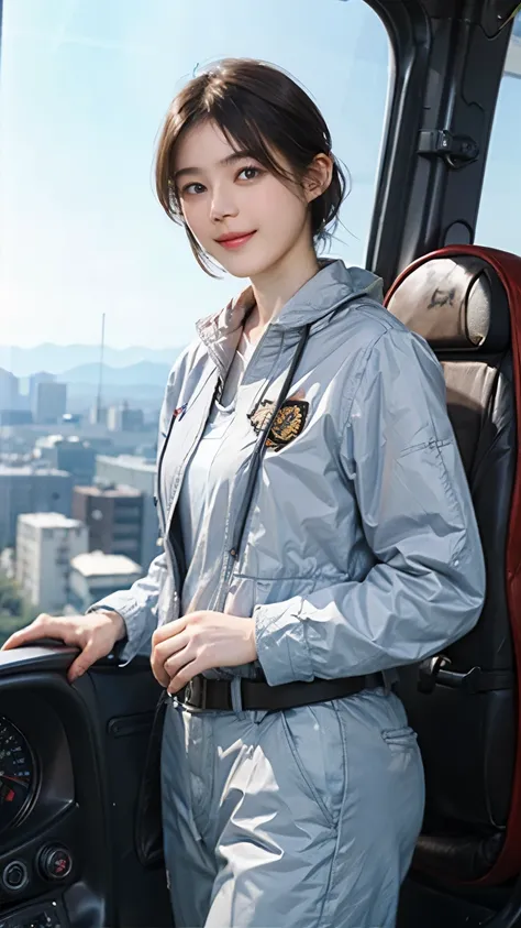 164
Shorthair,  (a 20 yo woman, standing), A hyper-realistic, gentle smile, sci-fi cool suit, (口紅),  in the cockpit of an old fashioned fighter aircraft