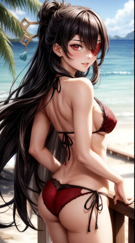 anime, beautiful face, highly detailed face, (2 accurate legs:1), red detailed eye, (red eye patch:1.1), highly detailed beach background, perfect lighting, best lighting, (no shadows:1.2), 1girl, solo, outdoors, genshin impact, beidou, (beautiful black ha...