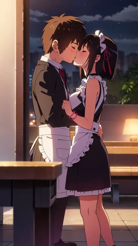 shinkai makoto, kimi no na wa., 1girl, 1boy, bangs, black hair, blush, (boy wear Suspender Clothes), ((girl wear maid dress, short dress), maid, apron, maid headdress), bow, ribbon, short hair, cute, love, couple, adorable, Off-the-shoulders, dating, (((ki...