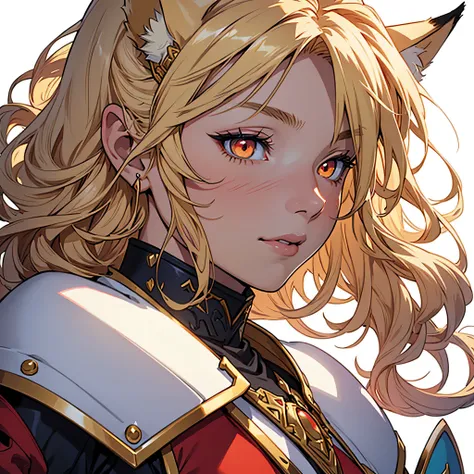 medieval anime art, masterpiece, best quality, by professional artist, female, solo, 1girl, portrait, profile, detailed composition, detailed eyes, (((white background))), curly blonde hair, fox ears instead of human ears, wearing red heavy armor, fantasy ...