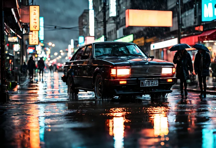 (best quality,4k,8k,highres,masterpiece:1.2),ultra-detailed,(realistic,photorealistic,photo-realistic:1.37),rainy night,lightning,heavy rain,neon lights,cityscape reflections,wet pavement,umbrella-carrying figures,splashing water,glistening raindrops,blurr...