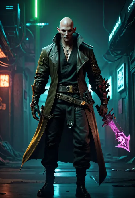 sh4g0d style cyberpunk demon hunter，bald，monk