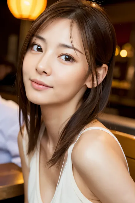 (Highly realistic photos, High resolution, Detailed face, delicate eyes) skinny japanese lady, 40 years old, cute face, Various expressions, Various hairstyles, thin figure, small breasts, Waist is very thin, in a restaurant, Wear casual clothes