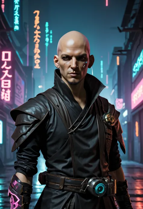 sh4g0d style cyberpunk magic killer，bald，monk