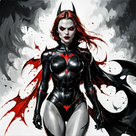 ((full body):1.2),((selective color):1.1), drawing of a female vampire in batgirl costume with red eye, smooth lines, fine art p...