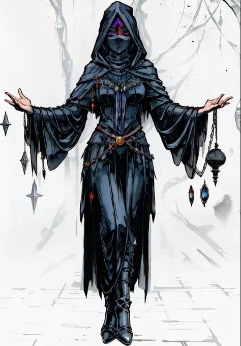 arafed woman in a black dress with a hood and chains, dark fantasy female magician, mighty plump female sorceress, dark sorceres...