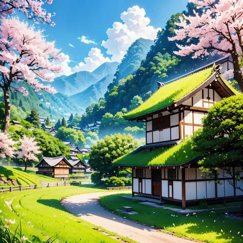 "Produce an AI-generated anime scene showcasing a quaint Japanese village nestled between rolling hills and lush greenery. Highlight a picturesque rice field surrounding a majestic cherry blossom tree at the heart of the village. Capture the tranquility an...