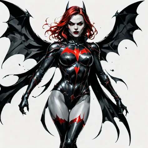 ((full body):1.2),((selective color):1.1), drawing of a female vampire in batgirl costume with red eye, smooth lines, fine art p...