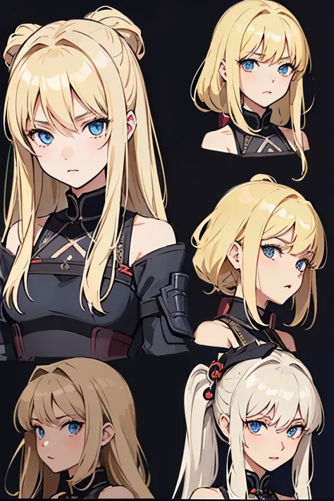 pose model sheet, blonde, blue eyes, black dress, hero pose, looking forward, best quality, masterpiece, anime girl, samurai girl