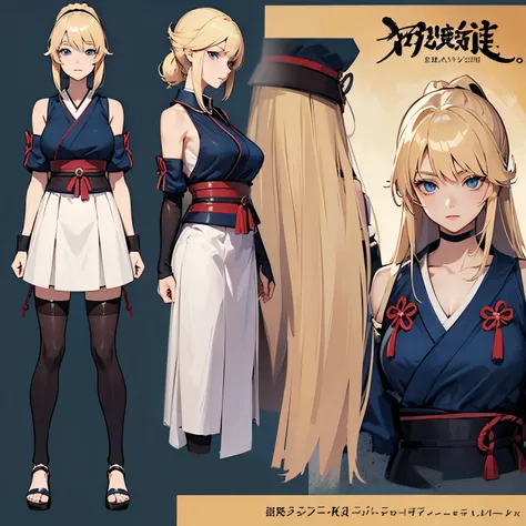 pose model sheet, blonde, blue eyes,  looking forward, best quality, masterpiece, anime girl, samurai girl