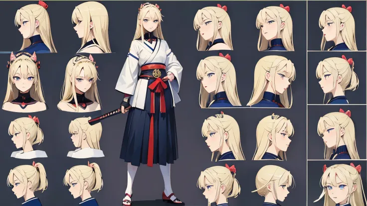 pose model sheet, blonde, blue eyes, hero pose, looking forward, best quality, masterpiece, anime girl, samurai girl