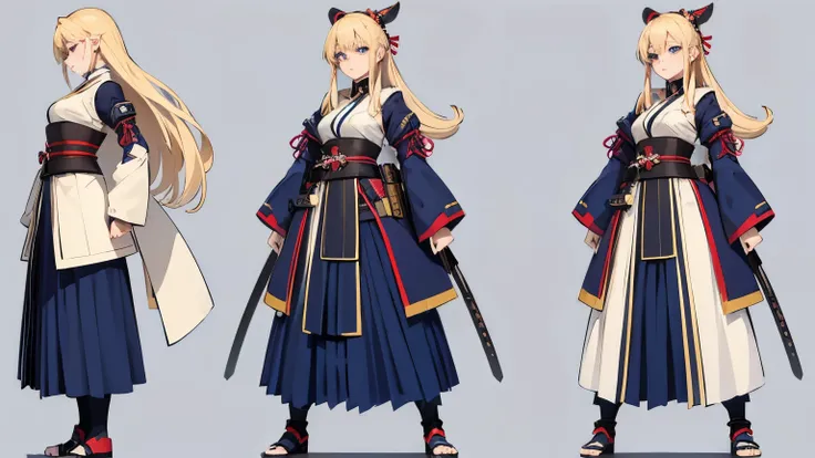 pose model sheet, blonde, blue eyes, hero pose, looking forward, best quality, masterpiece, anime girl, samurai girl