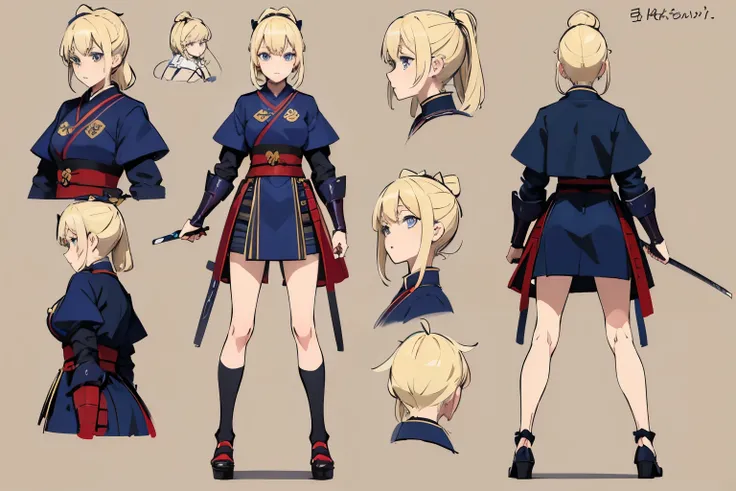 pose model sheet, blonde, blue eyes, hero pose, looking forward, best quality, masterpiece, anime girl, samurai girl