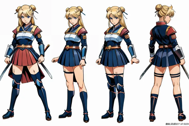 pose model sheet, blonde, blue eyes, hero pose, looking forward, best quality, masterpiece, anime girl, samurai girl