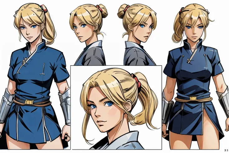 pose model sheet, blonde, blue eyes, hero pose, looking forward, best quality, masterpiece, anime girl, samurai girl