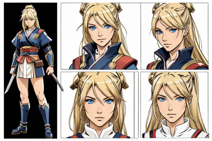 pose model sheet, blonde, blue eyes, hero pose, looking forward, best quality, masterpiece, anime girl, samurai girl