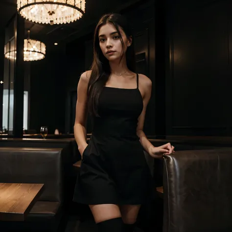 uma garota usando um vestido preto em um restaurante moderno, Dark aesthetic, black aesthetic luxury