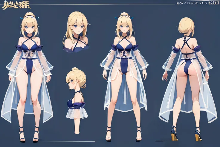 pose model sheet, blonde, blue eyes, hero pose, looking forward, best quality, masterpiece, anime girl, samurai girl in lingerie