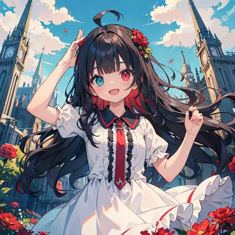 (masterpiece), background, floating city, fantasy, 1 girl,red and blue heterochromia, smile＋happy, medium hair, blunt bangs, flipped hair, black hair, red inner hair, (wavy hair), Upper body, arms up, open mouth, ((front)), Ahoge, from below, frill dress, ...