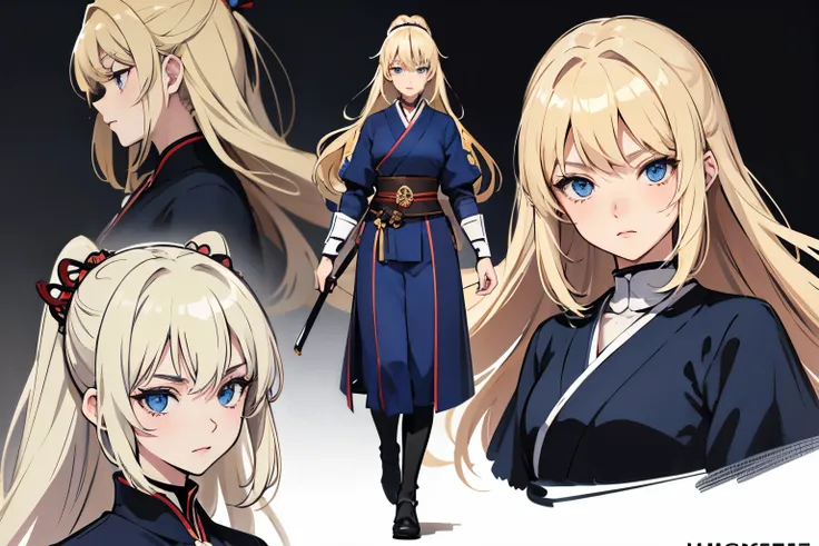 pose model sheet, blonde, blue eyes, hero pose, looking forward, best quality, masterpiece, anime girl, samurai girl