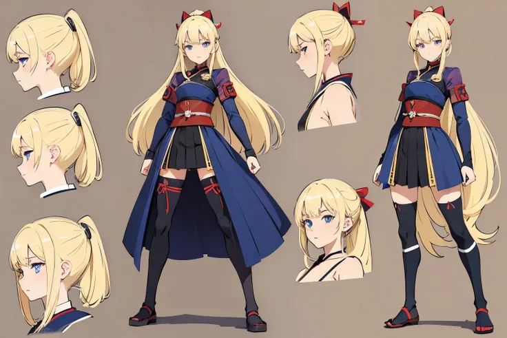 pose model sheet, blonde, blue eyes, hero pose, looking forward, best quality, masterpiece, anime girl, samurai girl