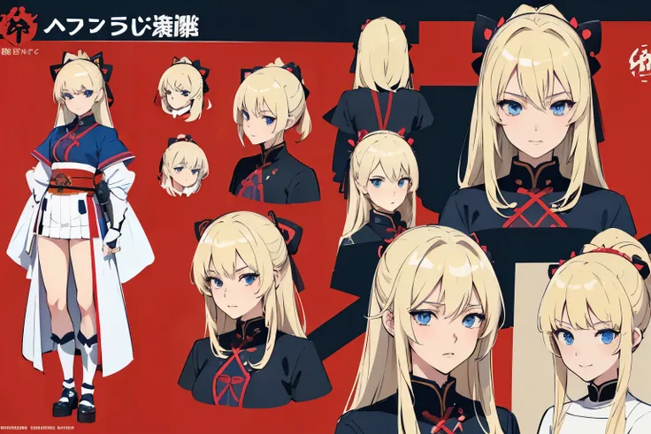 pose model sheet, blonde, blue eyes, hero pose, looking forward, best quality, masterpiece, anime girl, samurai girl