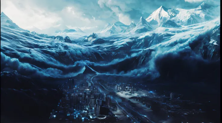 Mountain city pictures, Armageddontic tsunami ,，over the top，Epic cinematic matte painting, 4K matte painting, 3D rendering and masking